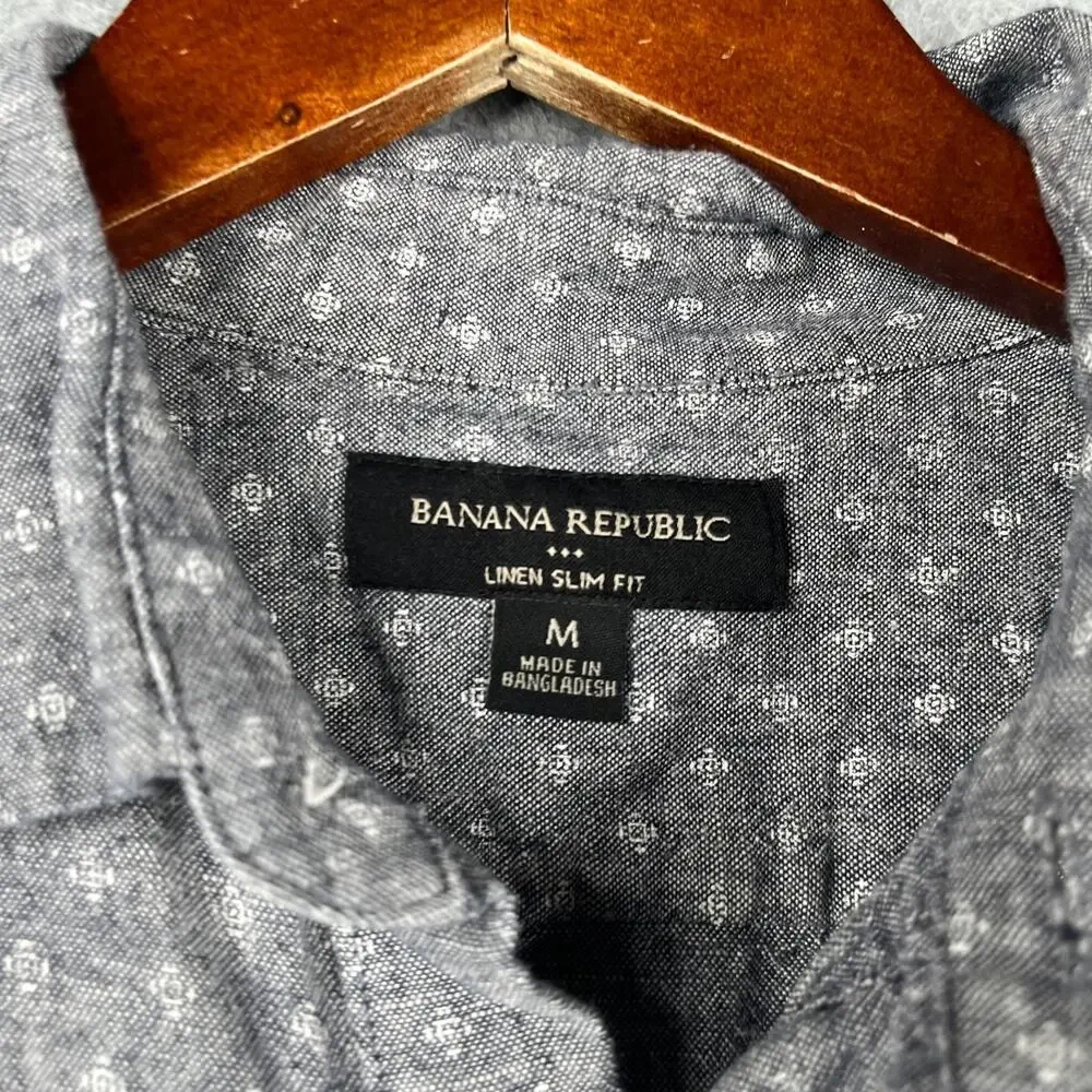 Banana Republic Linen Slim Fit Shirt Gray Casual Button Up Short Sleeve Mens M